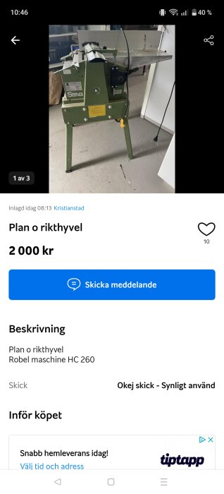 Plan- och rikthyvel Robel Maschine HC 260 i grönt utförande, fotograferad inomhus med verktygsdetaljer synliga.