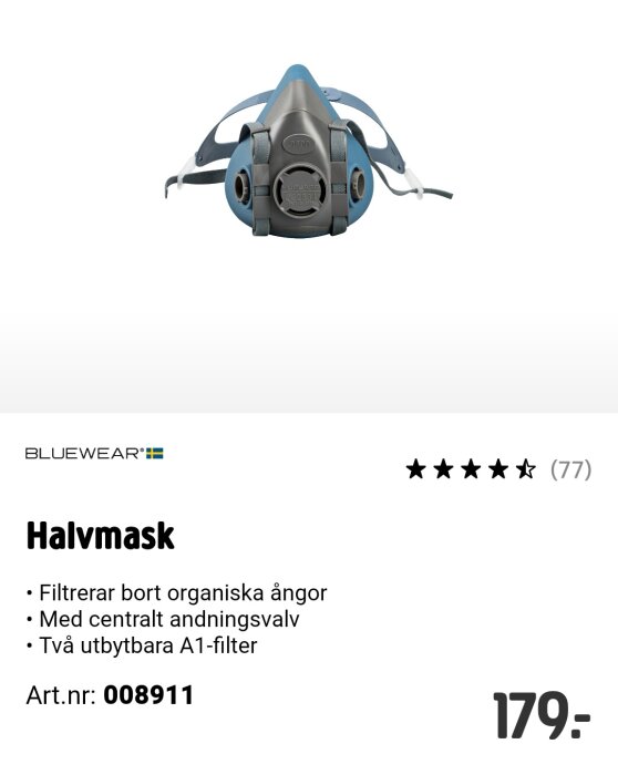 Halvmask från Bluewear med utbytbara A1-filter och centralt andningsvalv för att filtrera bort organiska ångor, pris 179 kr.