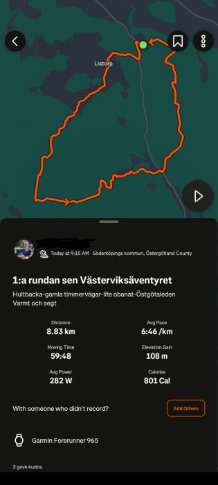 Karta över löprunda vid Listorp, 8,83 km lång, 59:48 min, med höjdökning 108 m. Använd Garmin Forerunner 965. Röd rutt på grön bakgrund.