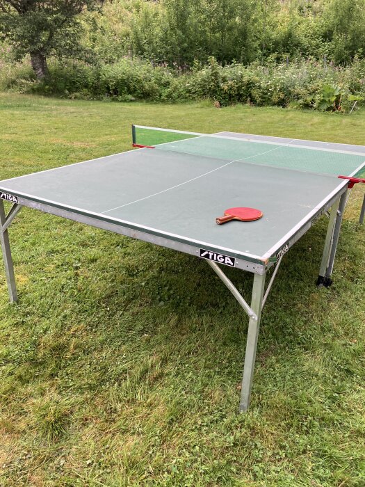 Pingisbord utomhus med röd pingisracket placerad på det gröna bordet, omgiven av grön gräsmatta och buskar i bakgrunden.