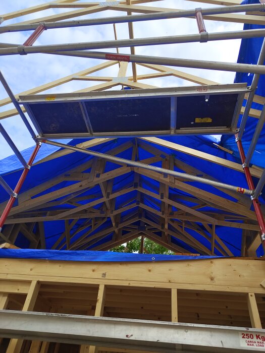 Takstolar på ett hus under konstruktion, täckta med blå presenning för att skydda mot regn. Ställningar synliga runt strukturen.