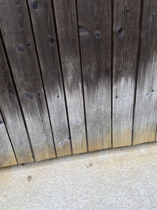 Väggpanel av trä med oregelbundna vitriolbehandlingar nära marken, visar slitna partier och variationer i färg från regn och betong.