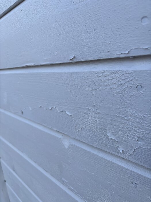 Flagnande vit målarfärg på träpanel, östervägg.