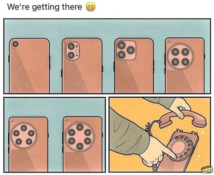 Mobiltelefoner med allt fler kameror förvandlas till en gammeldags snurrtelefon, vilket visar en humoristisk återgång till tidigare teknologier.