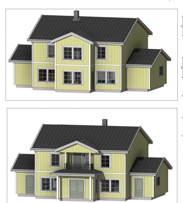Två olika vyer av ett digitalt tvåvåningshus med gul träpanel och mörkgrått tak.