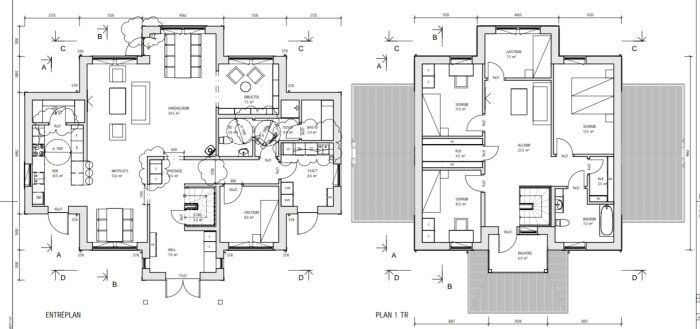Arkitektritning av tvåvåningshus, visar planlösning för bottenvåning och övervåning, inklusive rumsmått och möblering.