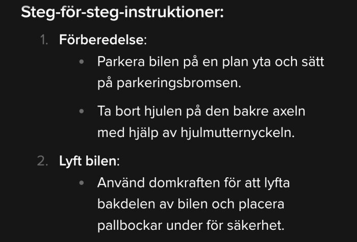 Steg-för-steg-instruktioner för bilreparation: förbereda genom att parkera och ta bort hjul, sedan lyfta med domkraft och säkra med pallbockar.