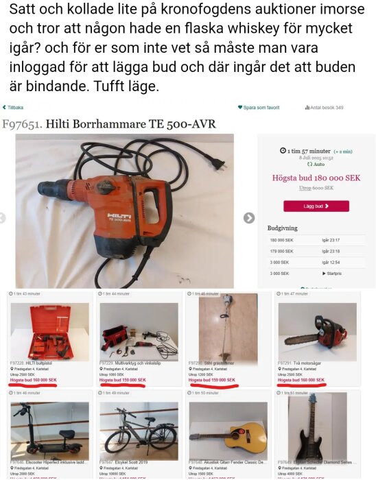 Auktionssida med bilder av verktyg och instrument inklusive en Hilti borrhammare TE 500-AVR och information om högsta bud på 180 000 SEK.