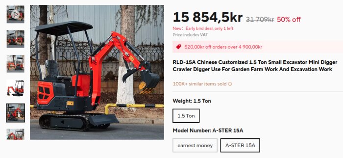 Kinesisk minigrävare på 1.5 ton till salu på en webbplats, röd och svart färg, beskrivs som lämplig för trädgårds- och grävarbeten.
