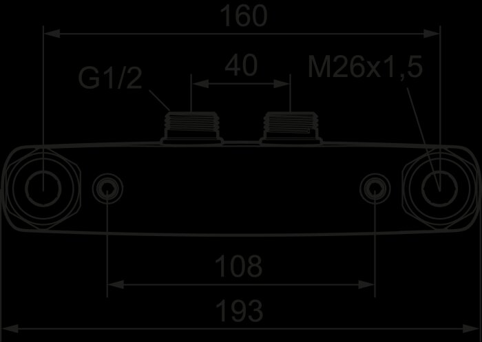 Teknisk ritning av väggfäste med mått 160 cc och 150 cc mellan fästen. Anger gängstorlek G1/2 och M26x1.5.