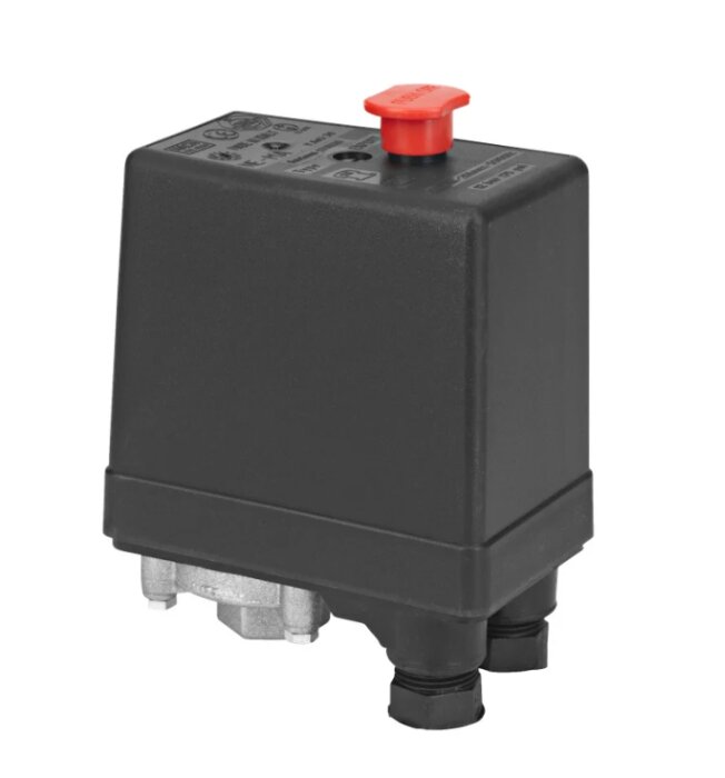 En tryckströmbrytare med svart hölje och en röd knapp på ovansidan, kan vara kopplad till en medtryckslang.