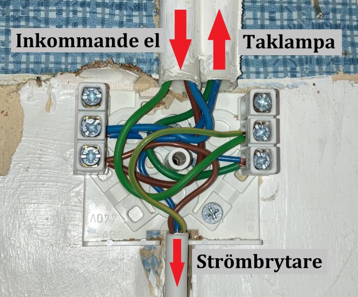 Elkopplingsdosa med inkommande blå, brun och grön tråd. Blå och grön till taklampa, brun och grön-gul till strömbrytare. Bakgrund av vit vägg och mönstrad tejp.