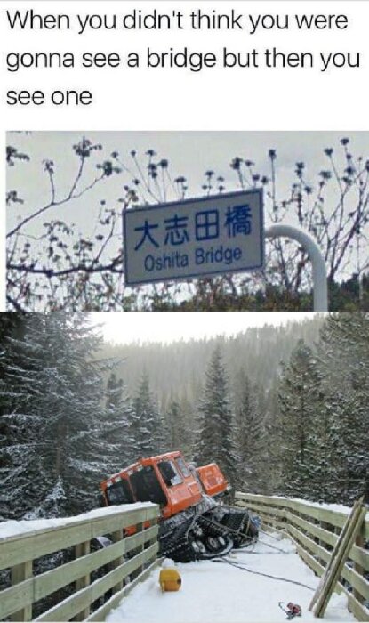 Vägskylt med texten "Oshita Bridge". Nedanför har ett fordon kraschat och blockerat en snötäckt bro i en skogsmiljö.