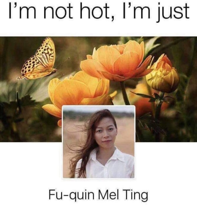 En fjäril flyger nära orange blommor, nedanför visas en bild av en kvinna med långt hår. Rubrik säger "I'm not hot, I'm just Fu-quin Mel Ting".