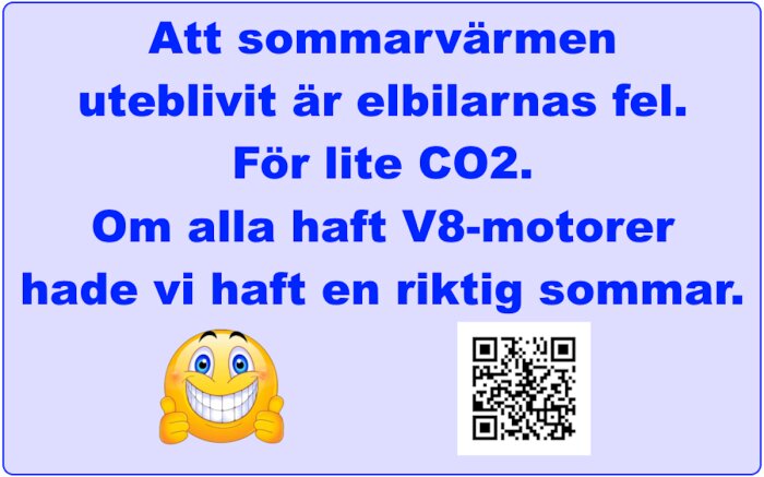 Text om elbilars påverkan på sommarvärme, smiley och QR-kod.