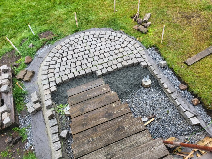 Stenläggning i en halvcirkel, omgiven av grus och gräsmatta, med en trägång över, redo att fyllas med jord och grönt upp till stenens kant.