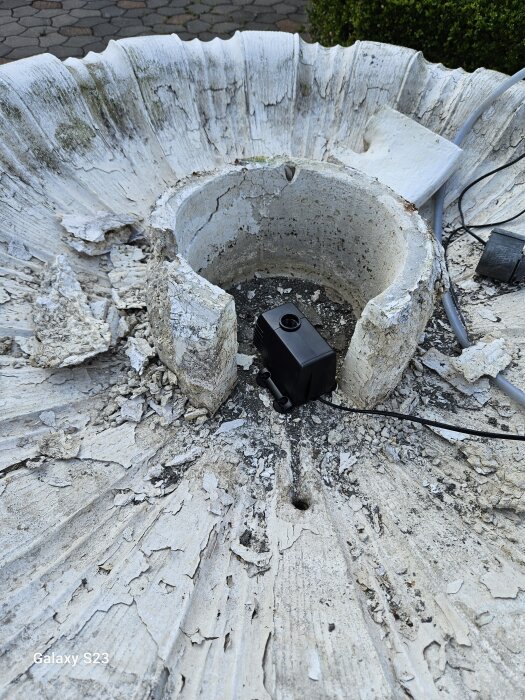 Trasig fontändel med sprucken yta och synlig kabel och mekanisk komponent i mitten.