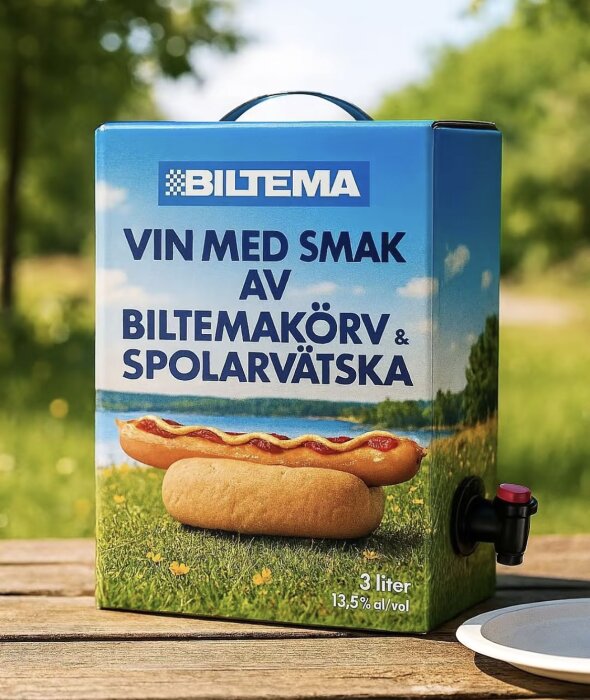 Kartong med "Vin med smak av Biltemakorv & Spolarvätska" placerad på picknickbord, illustration av korv och natur i bakgrunden.