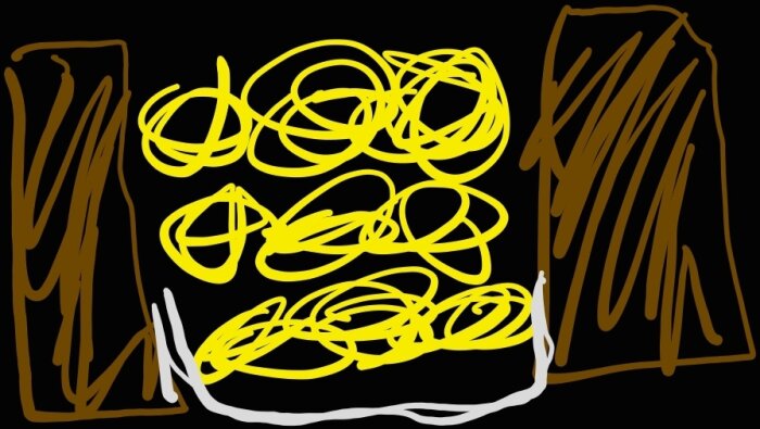 Genomskärning av bjälklag med isolering ovanpå grått insektsnät, som en hängmatta mellan bjälkarna. Spånskiva saknas.