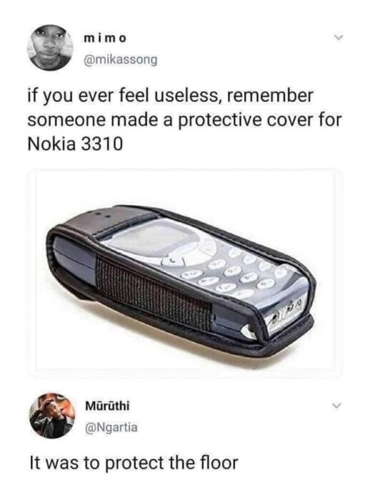 Nokia 3310 i ett skyddande fodral, memes om skyddets ironi.