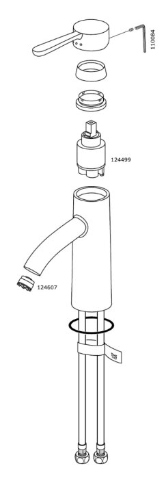 Exploderad vy av Ikea Dalskär köksblandare med etiketterade delar som handtag, ventil och rör, inkl. monteringsverktyg.