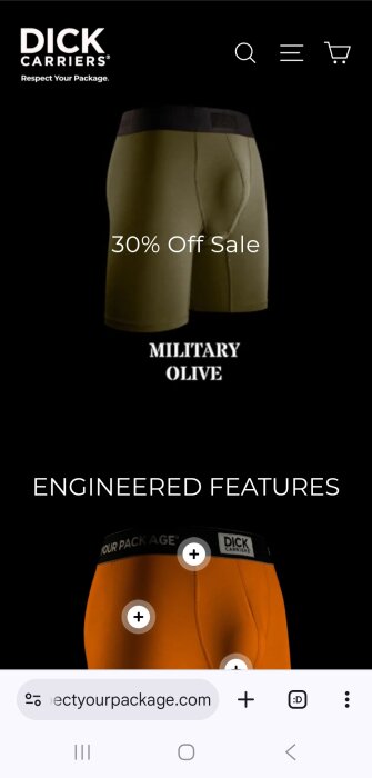 Svart bakgrund med bilder av två par kalsonger, ett i militär oliv och ett orange, märkta "Dick Carriers" med texten "30% Off Sale".