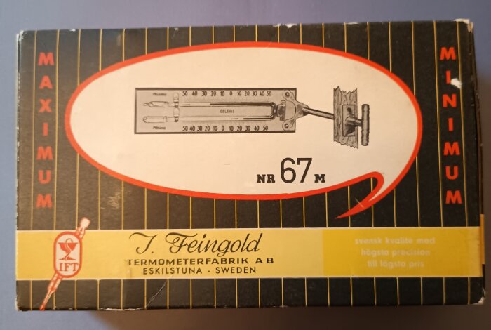 Max och minimumtermometer från I. Feingold, Eskilstuna. Förpackning med illustration av en kvicksilverfylld max-min-termometer.