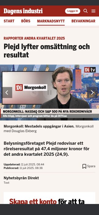 Nyhetsartikel på Dagens industri om Plejds ekonomiska resultat andra kvartalet 2025, med en tv-intervju i bakgrunden.