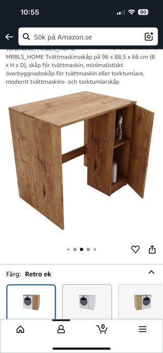 Möbel i ek laminat för tvättmaskin, med två hyllor på sidan, ouppackad i förpackning.