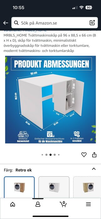 Möbel för tvättmaskin i ek laminat med måtten 96 x 88,5 x 66 cm, visar produktmått och hyllor i en illustration mot blå bakgrund.