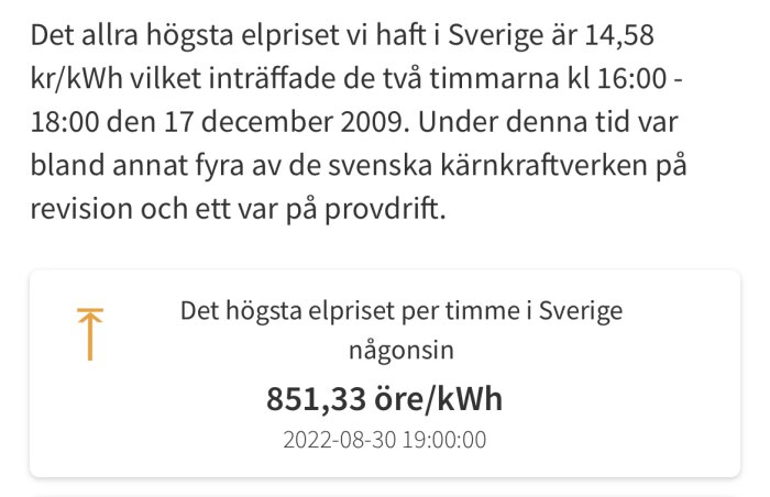 Diagram över högsta elpriset per timme i Sverige, 851,33 öre/kWh, registrerat 30 augusti 2022 kl. 19:00.