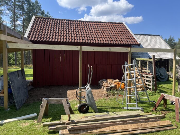 Byggprojekt pågår med en yttre bärlina, stege och skottkärra framför en röd byggnad med tegeltak. رؤiptables