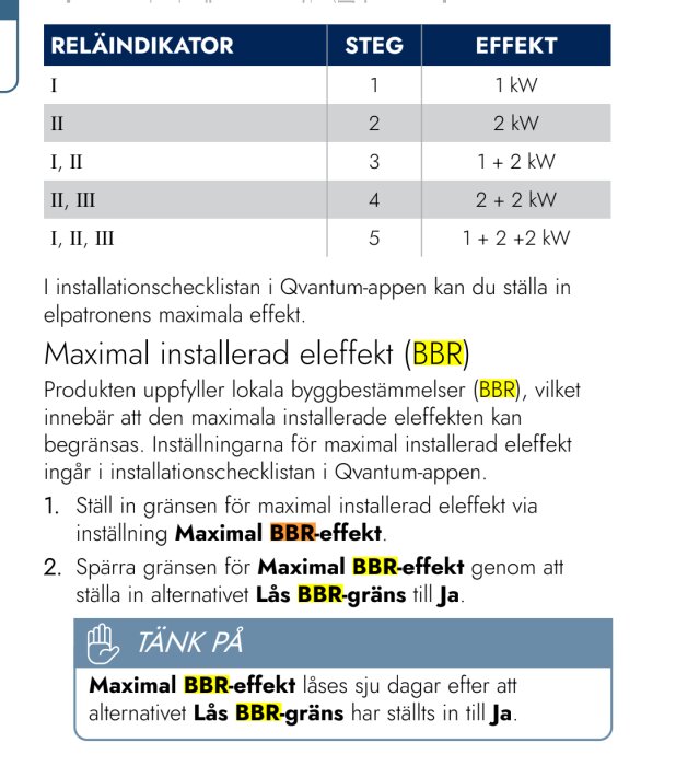 QH-manual om inställning av maximal installerad effekt enligt BBR, med reläindikator och steg för elpatronens maxeffekt i Qvantum-appen.
