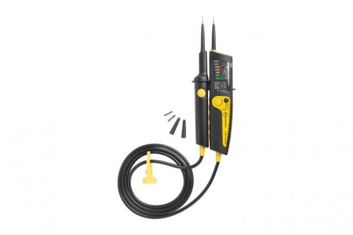 Spänningsprovare av märket Beha-Amprobe 2100-Gamma med digital display och två mätsonder, samt utbytbara spetsar och sladd med krok.