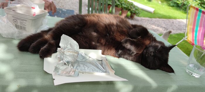 Svart katt sover på ett bord utomhus bredvid tomt glas och chokladpapper.