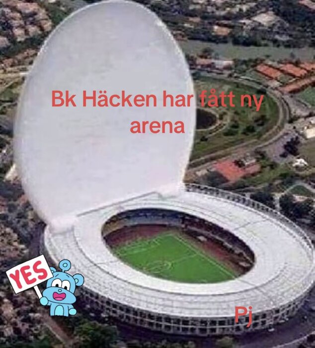 Flygbild av en stadion som humoristiskt liknar en vit toalettstol med texten "Bk Häcken har fått ny arena" och en figur som håller en "YES"-skylt.