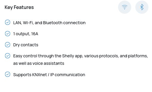Bild av produktens nyckelfunktioner, inklusive LAN, Wi-Fi, Bluetooth-anslutning, 16A utgång, torra kontakter och stöd för KNXnet/IP kommunikation.