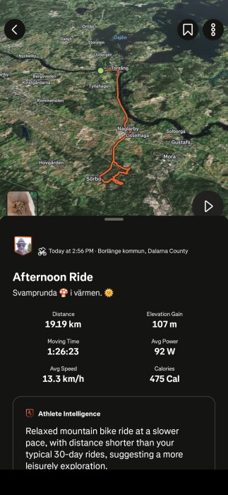 Karta över cykelrunda i Dalarna med sträcka på 19,19 km. Start och mål vid Torsång. Rundan beskrivs som svamprunda i varmt väder.