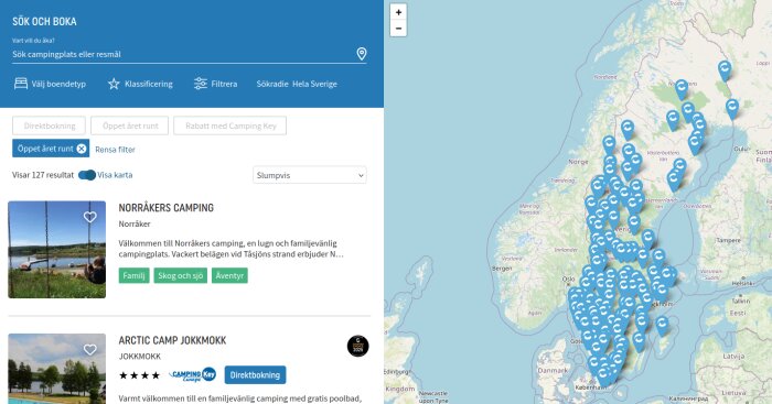 Karta över Sverige med markeringar för campingplatser, filtrerade resultat visar 127 platser inklusive Norråkers camping.