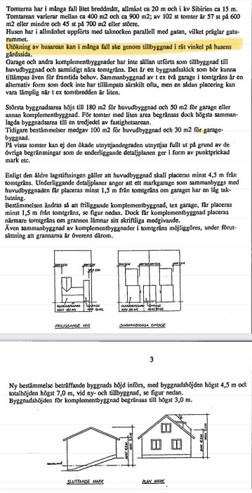 Detaljplan för bygglov och tillbyggnad med markeringar för tomtgränser och byggnader; visas med text och skisser av hus och garage.
