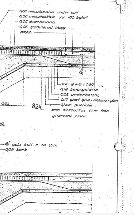 Ritning över husgrund med platta på mark, visar olika lager inkludert ullmatta, betong, plastfolie och grus. Detaljerade måttangivelser och anteckningar syns.