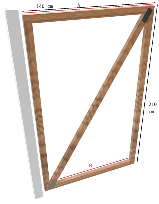 Ritning av en trägrind på 210x140 cm, visas med en diagonal förstärkning och hålplattor i hörnen. Sidorna A och B är markerade för avfasning.