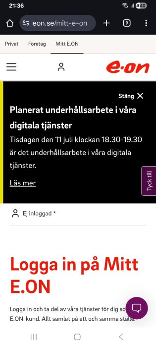 Planerat underhållsarbete på E.ON:s webbplats den 11 juli.