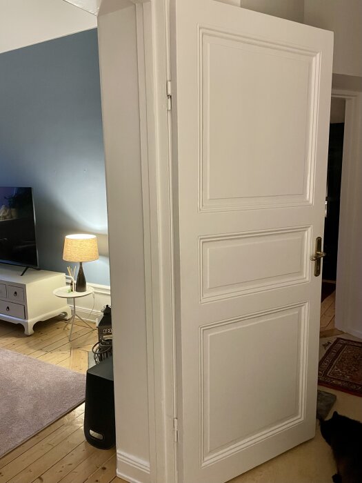 Vit innerdörr i traditionell stil med beslag, delvis öppen i en heminredning med trägolv.