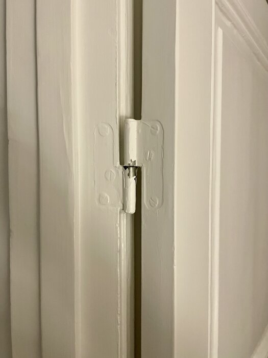 Gångjärn i dörrkarm, närbild på metallgångjärn målat i samma färg som karm. Diskussion om att flytta dörren till annan öppning som saknar gångjärn.