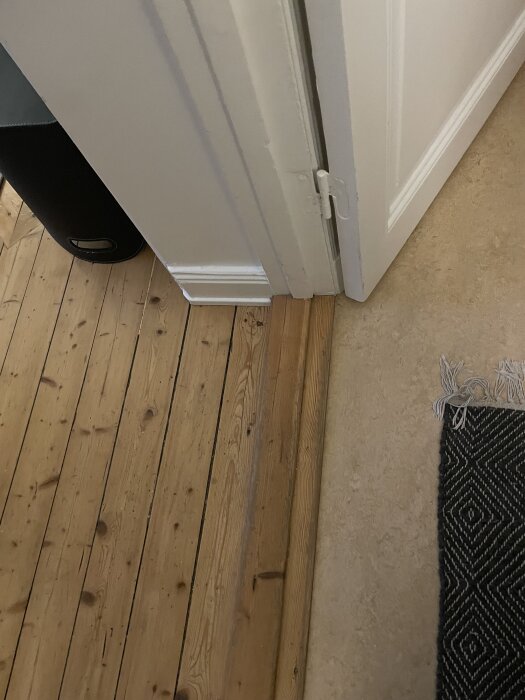 Närbild på en vit innerdörrs gångjärn, bredvid en dörrkarm, med ett trägolv och en matta i förgrunden.