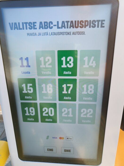 Skärm på ABC-laddstation i Finland med val av laddningsplatser, vissa markerade som upptagna och andra som lediga, betalalternativ visas nederst.