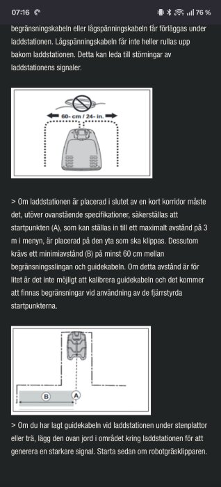 Diagram som visar en laddstation med instruktion att lämna minst 60 cm avstånd på båda sidor om guidekabeln.
