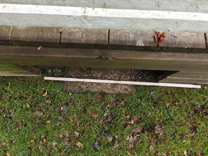 Tumstock mellan gräsmatta och trästaket med 60 cm avstånd, påvisande eventuell byggåtgärd.