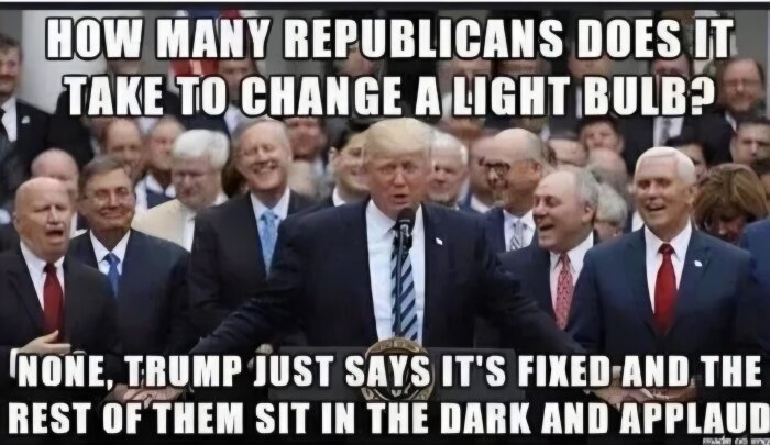 En grupp människor, en person står vid en mikrofon. Över text: "How many Republicans does it take to change a light bulb?" Under text: humoristisk politisk kommentar.